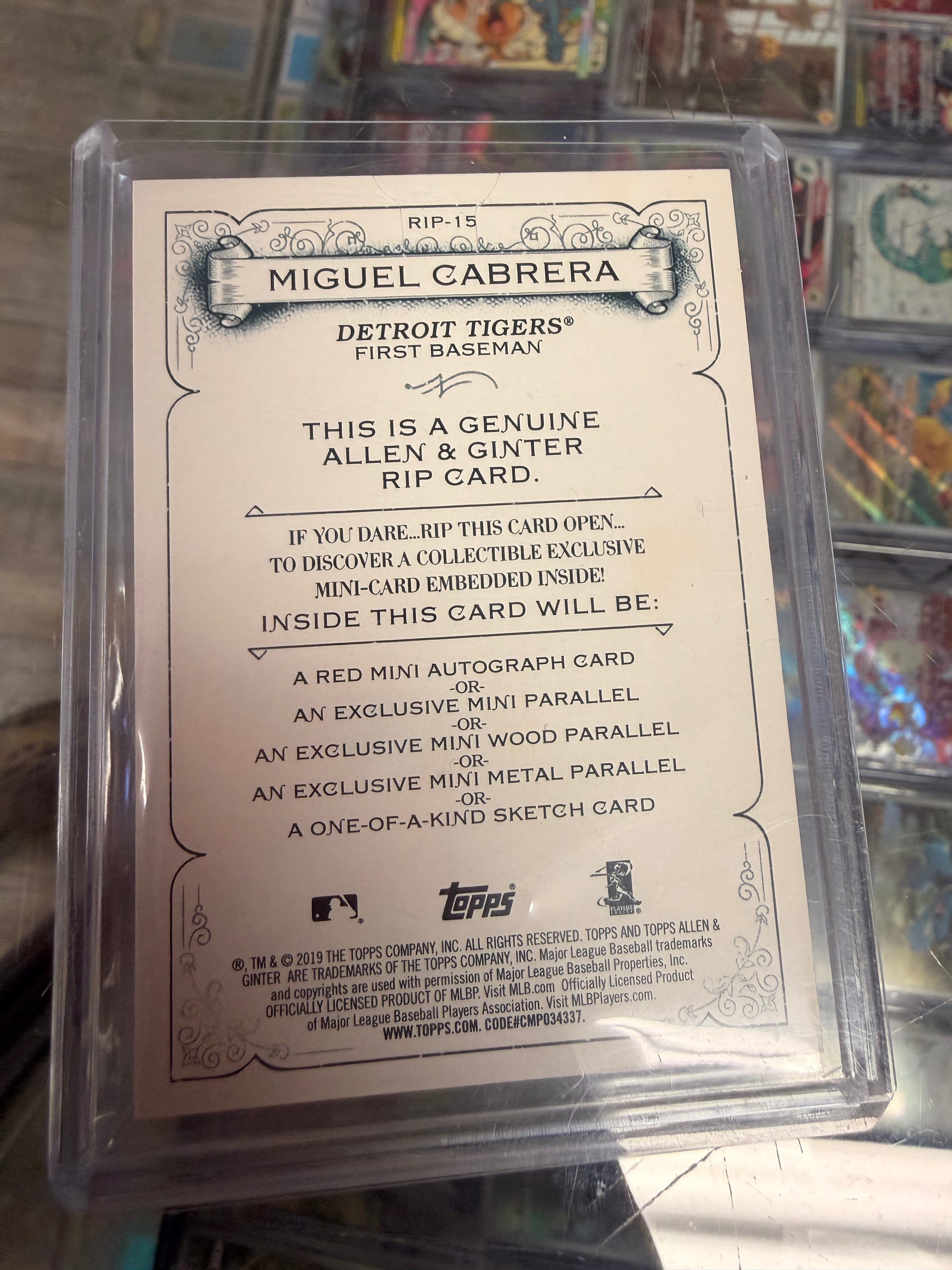 2019 Topps Allen & Ginter Miguel Cabrera Rip Card RIP-15 #37/75 UNRIPPED Tigers SSP