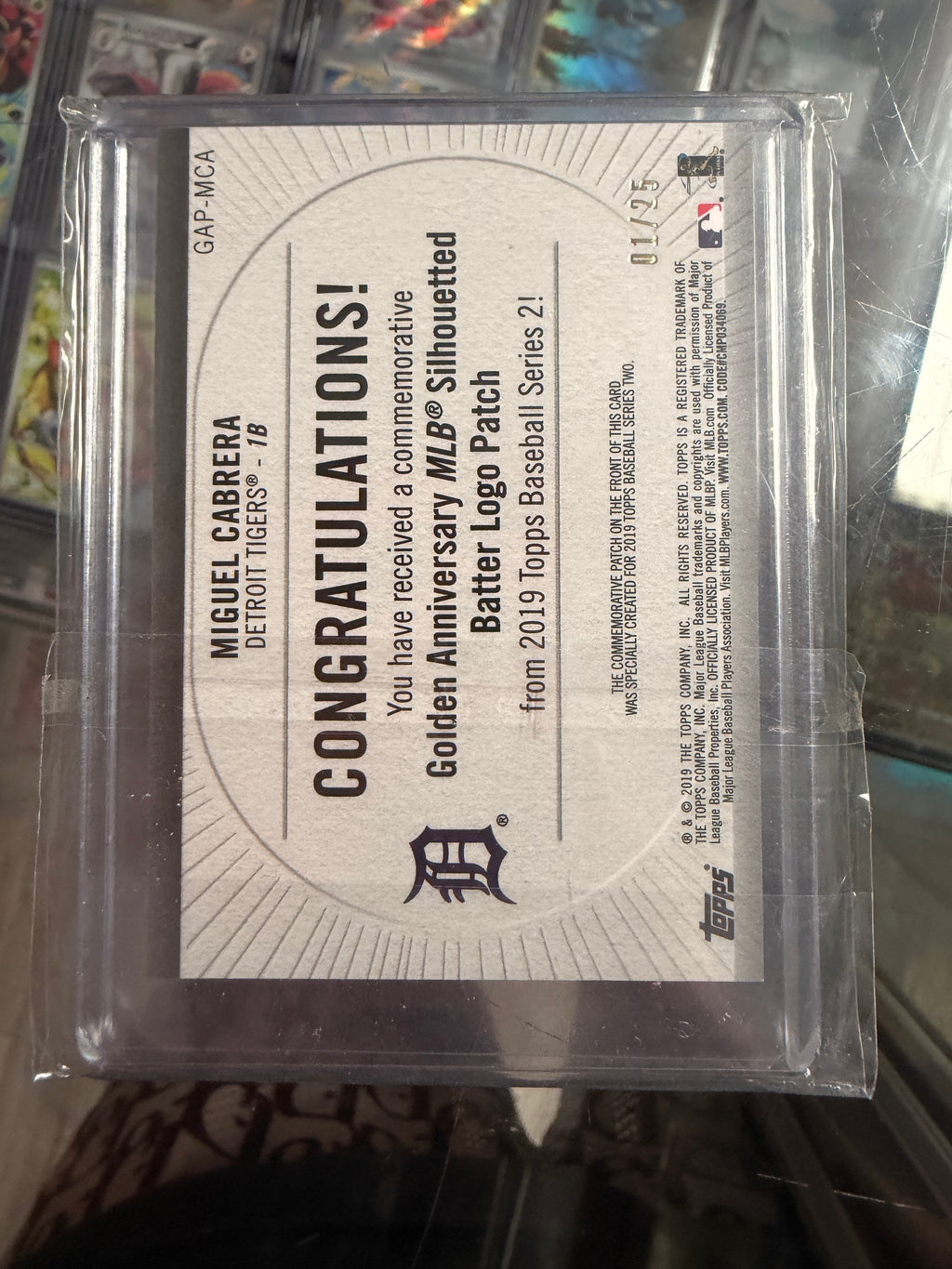 2019 Topps Series 2 Miguel Cabrera Golden Anniversary MLB Silhouetted Batter Logo Patch Red Parallel #GAP-MCA 01/25